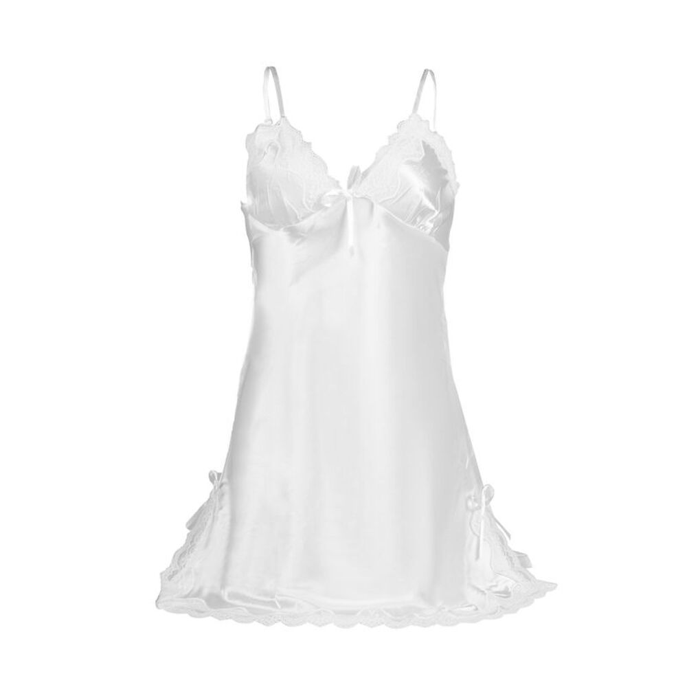 Satin Lace Trim Sleepwear Sexy Nightgown Pajama Slip Dress White-lace